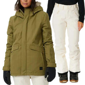 RIP CURL SNOW 2025 RIDER PARKER JACKET 10K/10K DARK KHAKI + RIDER HIGH WAIST PANT 10K/10K OFF WHITE