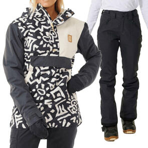 RIP CURL SNOW 2025 RIDER ANORAK JACKET 10K 10K WASHED BLACK SEARCH + RIDER HIGH WAIST PANT 10K/10K BLACK