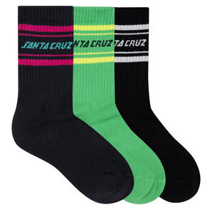 SANTA CRUZ YOUTH MULTI SPLIT STRIP CREW SOCK 3 PACK OFF BLACK-LIGHT GREEN-BLACK