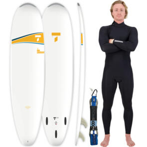 TAHE BY BIC SURF 7'6 SURFBOARD & LEASH + MENS STEAMER SURF PACKAGE