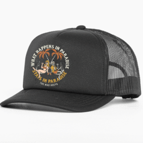 THE MAD HUEYS WHAT HAPPENS IN PARADISE FOAM TRUCKER VINTAGE BLACK