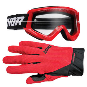 THOR MX 2025 COMBAT RACER GOGGLES RED/BLACK + GLOVES DRAFT RED/BLACK