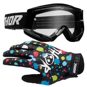 THOR MX 2026 YOUTH LAUNCHMODE GLOVES SPLAT MULTI + 2025 GOGGLES YOUTH COMBAT SOLID BLACK/WHITE