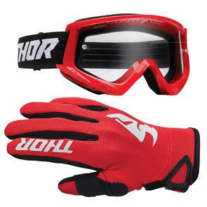 THOR MX 2025 COMBAT RACER GOGGLES RED/BLACK + SECTOR GLOVES RED WHITE