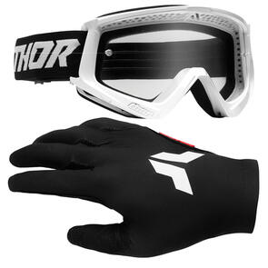 THOR MX 2025 COMBAT RACER GOGGLES WHITE/BLACK + SPORT GLOVES RIOT BLACK