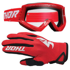 THOR MX 2025 GOGGLES YOUTH COMBAT RED/WHITE + SECTOR GLOVES RED