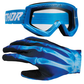 ONEAL 2025 GOGGLES COMBAT RACER BLUE/WHITE +  SPORT GLOVES X-RAY BLACK