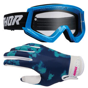 THOR MX 2026 YOUTH LAUNCHMODE GLOVES BLEACH WHITE/AQUA + 2025 GOGGLES YOUTH COMBAT BLUE/BLACK