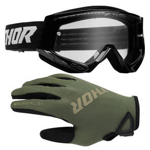 THOR MX 2026 YOUTH RIDEMODE GLOVES STATIC CAMO + 2025 GOGGLES YOUTH COMBAT SOLID BLACK/WHITE