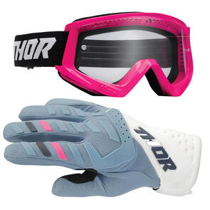 THOR MX 2025 GOGGLES COMBAT RACER PINK/BLACK + WOMENS SPECTRUM GLOVES BL/WH