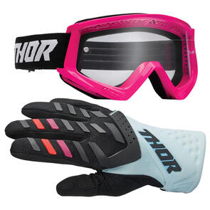 THOR MX 2025 GOGGLES COMBAT RACER PINK/BLACK + WOMENS SPECTRUM GLOVES BLACK/MIDNIGHT