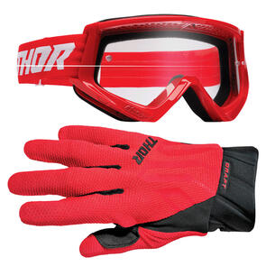 THOR MX 2025 GOGGLES COMBAT RACER RED/WHITE + GLOVES DRAFT RED/BLACK