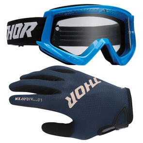 THOR MX 2026 WOMENS RIDEMODE GLOVES STATIC MIDNIGHT + GOGGLES COMBAT RACER BLUE/BLACK