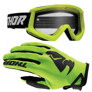 THOR MX 2025 YOUTH COMBAT GOGGLES FLO ACID/BLACK + YOUTH SECTOR GLOVES ACID