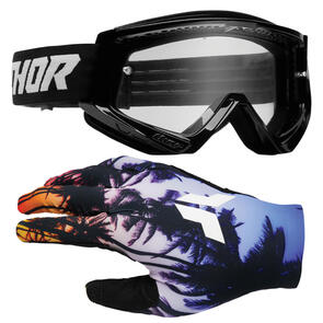 THOR MX 2026 SPORTMODE GLOVES PALMS BLACK + GOGGLES COMBAT RACER BLACK/WHITE