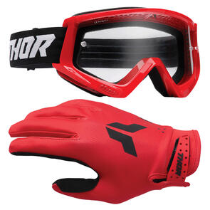 THOR MX 2026 YOUTH LAUNCHMODE GLOVES SPLIT RED + 2025 GOGGLES YOUTH COMBAT RED/BLACK