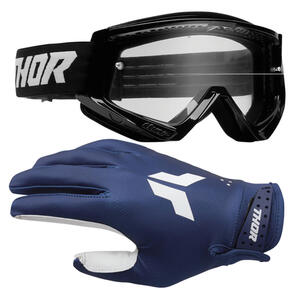 THOR MX 2026 YOUTH LAUNCHMODE GLOVES SPLIT NAVY + 2025 GOGGLES YOUTH COMBAT SOLID BLACK/WHITE