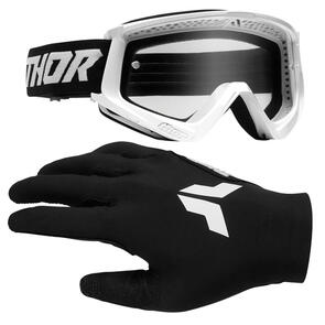 THOR MX 2025 COMBAT RACER GOGGLES WHITE/BLACK + SPORT GLOVES BLACK