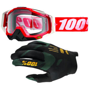 100% RACECRAFT MOTO GOGGLE + ITRACK GLOVES WHIP COMBO