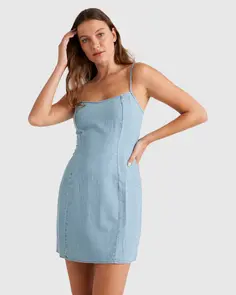 BILLABONG STAY AWHILE CHAMBRAY MINI DRESS INDIGO RINSE
