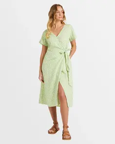 ROXY INDIGO SAND WRAP II DRESS QUIET GREEN FLORAL DELIGHT